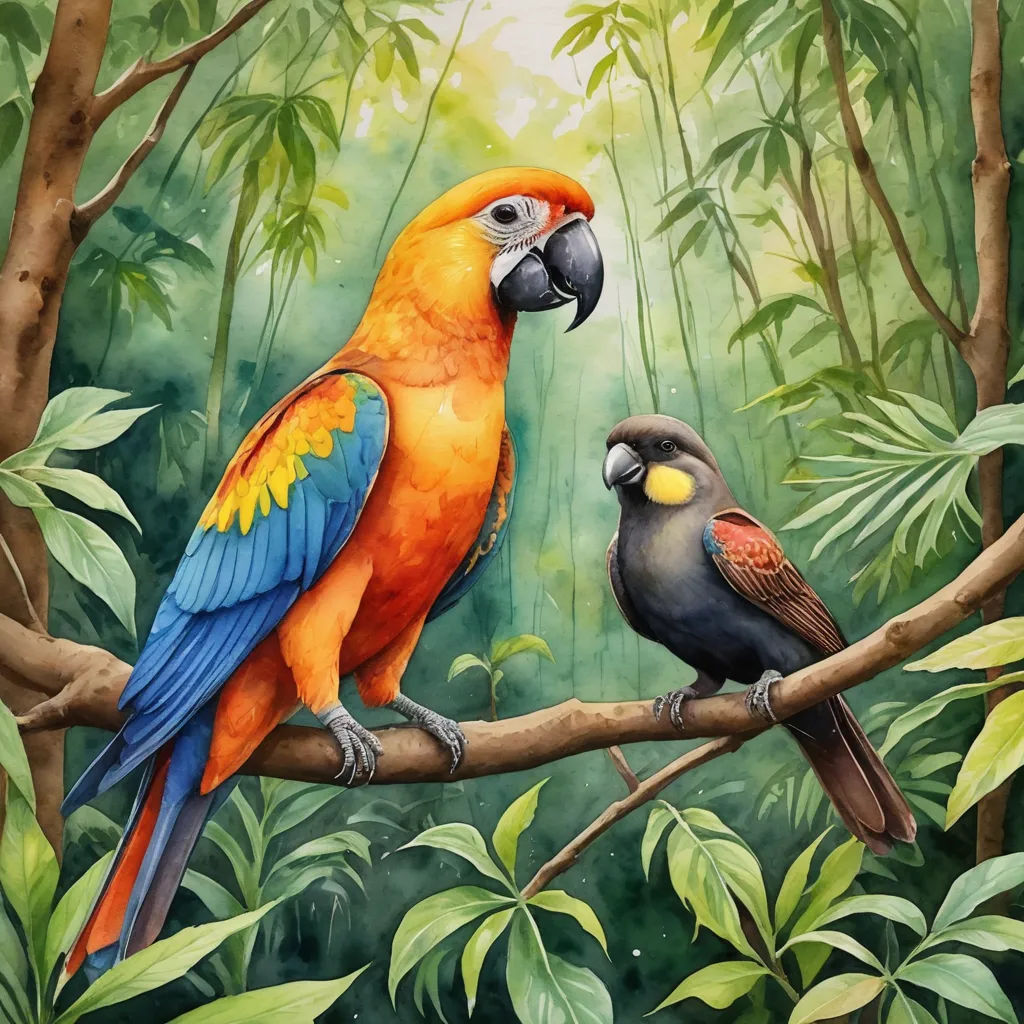 a painting of two parrots sitting on a branch in a jungle setting with green leaves and trees in the background, figurative art, a watercolor painting, Chris LaBrooy, in gouache detailed paintings