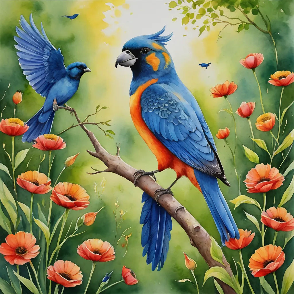 a painting of two birds perched on a branch with flowers in the background and butterflies flying around them,, fantasy art, an airbrush painting, Chris LaBrooy, in gouache detailed paintings