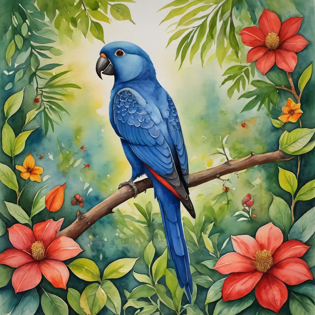 a blue bird sitting on a branch with red flowers around it and a green background with red flowers and leaves, cloisonnism, a watercolor painting, Chris LaBrooy, in gouache detailed paintings