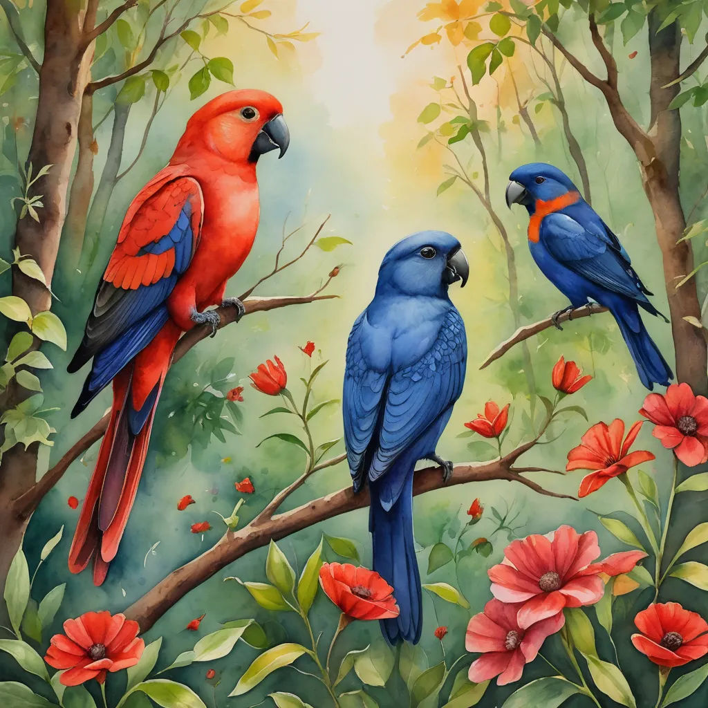 a painting of two parrots sitting on a branch with red flowers in the background and a yellow sky, fantasy art, a detailed painting, Chris LaBrooy, birds