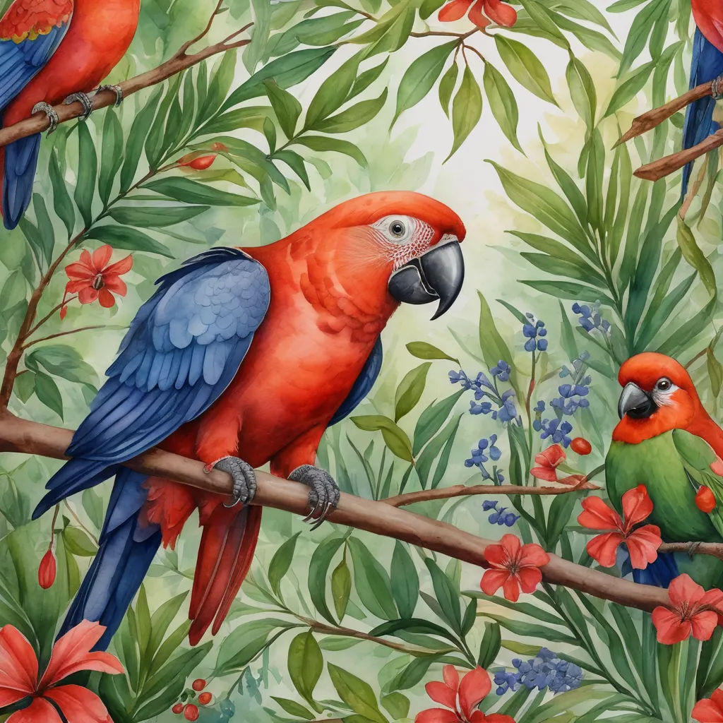 a painting of two parrots sitting on a branch in a tropical forest with flowers and leaves on a white background, cloisonnism, a watercolor painting, Chris LaBrooy, in gouache detailed paintings