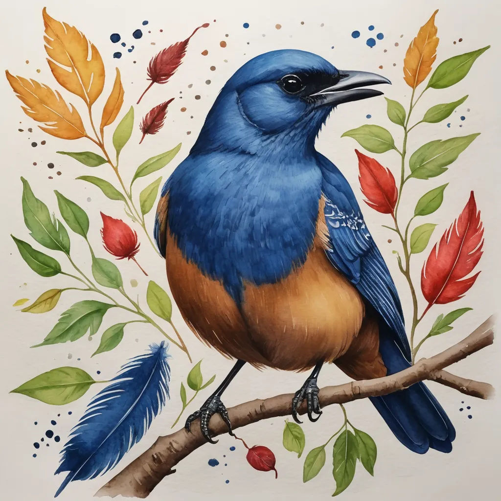 a blue bird sitting on a branch with leaves and berries around it's neck and a blue and orange beak, cloisonnism, an ultrafine detailed painting, Chris LaBrooy, in gouache detailed paintings