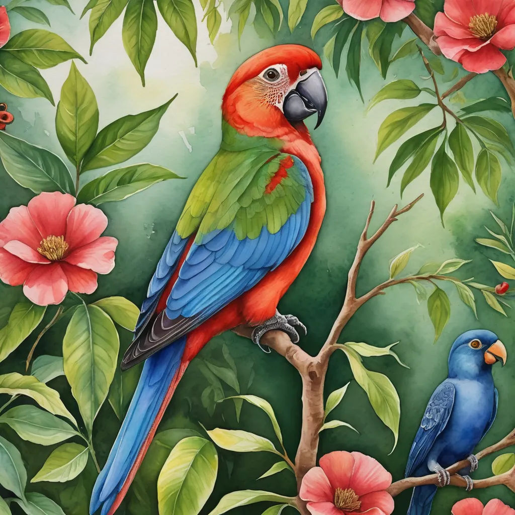 a painting of two parrots sitting on a tree branch with flowers and leaves around them, with a green background, cloisonnism, a watercolor painting, Chris LaBrooy, in gouache detailed paintings