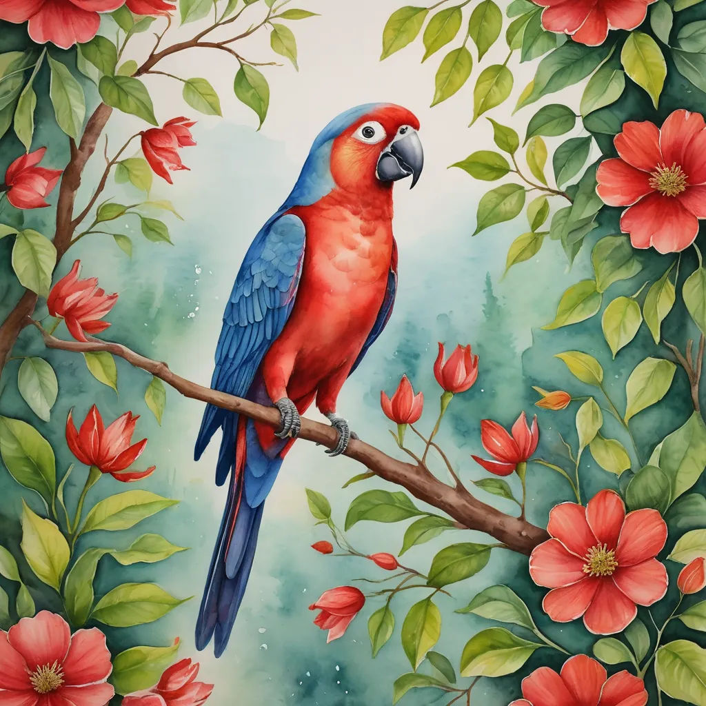 a painting of a parrot sitting on a branch with flowers around it and a blue sky in the background, cloisonnism, a watercolor painting, Chris LaBrooy, in gouache detailed paintings