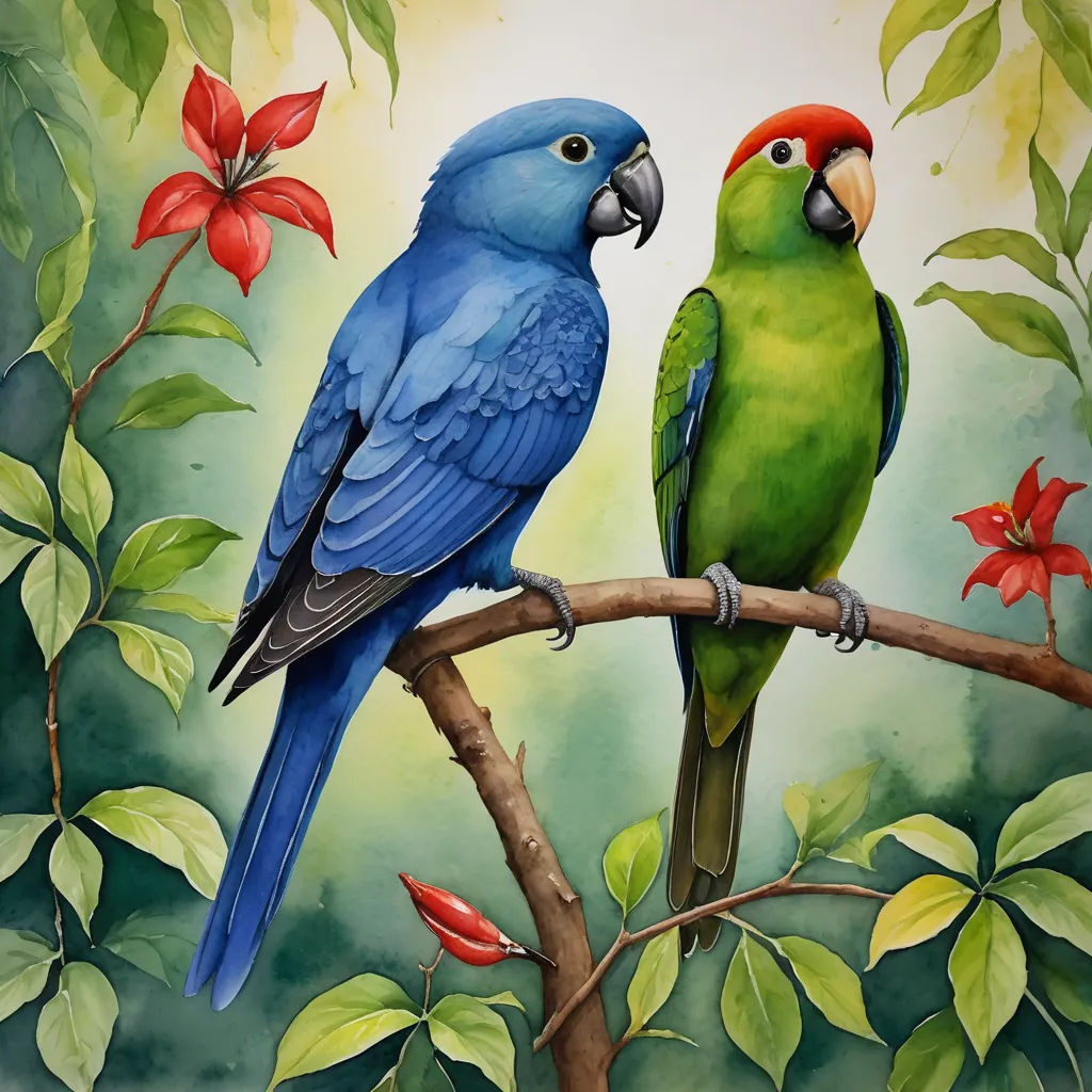 two parrots are sitting on a branch with flowers in the background and a painting of a bird on the wall, cloisonnism, a watercolor painting, Chris LaBrooy, in gouache detailed paintings