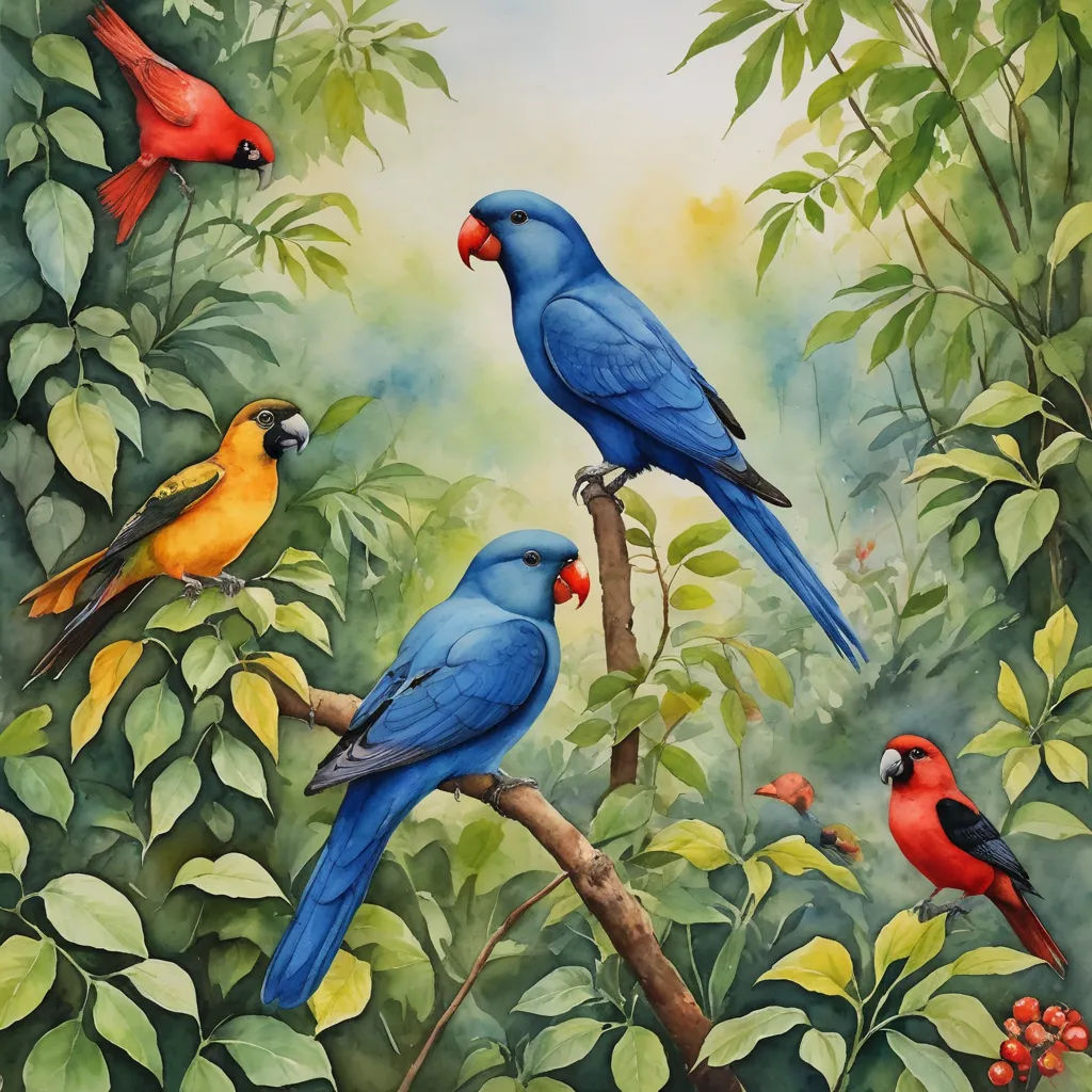 a painting of three birds perched on a branch in a forest with berries and leaves on the ground and a blue bird with red beak, figurative art, a watercolor painting, Charles Bird King, in gouache detailed paintings
