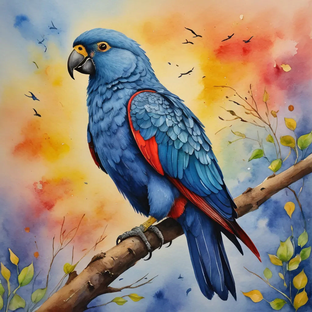 a painting of a blue parrot perched on a branch with a colorful background of birds flying overhead and a colorful sky, figurative art, an airbrush painting, Chris LaBrooy, in gouache detailed paintings