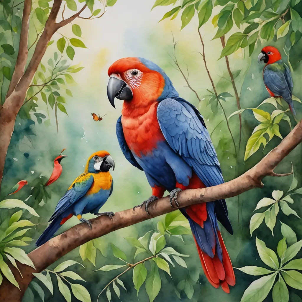 a painting of a parrot and two other birds on a branch with leaves and a butterfly in the background, naive art, an airbrush painting, Chris LaBrooy, highly detailed digital painting