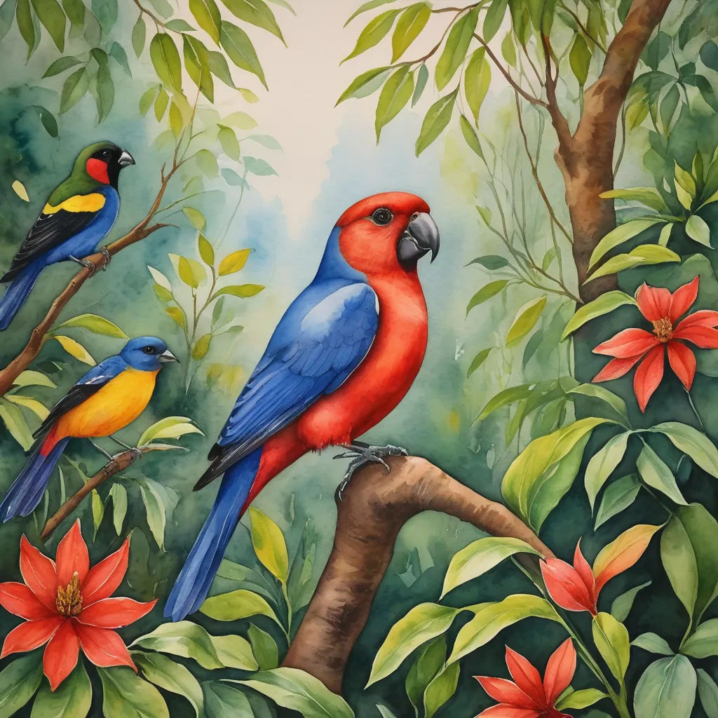 a painting of three birds perched on a branch in a tree with red flowers and green leaves around it, cloisonnism, an airbrush painting, Chris LaBrooy, in gouache detailed paintings