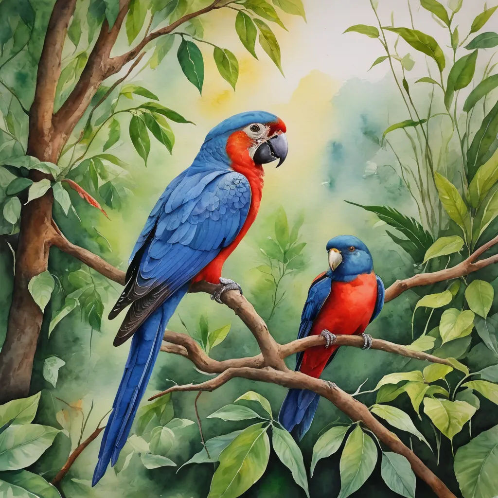 two colorful birds perched on a tree branch in a forest with green leaves and a yellow sky in the background, figurative art, a watercolor painting, Carol Sutton, in gouache detailed paintings