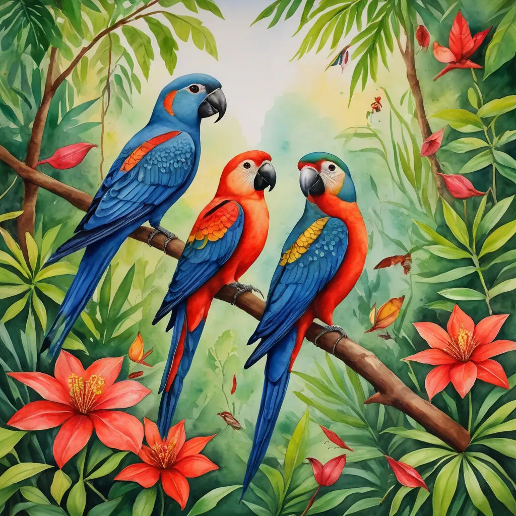 a painting of three parrots sitting on a branch in a tropical forest with flowers and leaves on the ground, cloisonnism, a detailed painting, Chris LaBrooy, highly detailed digital painting