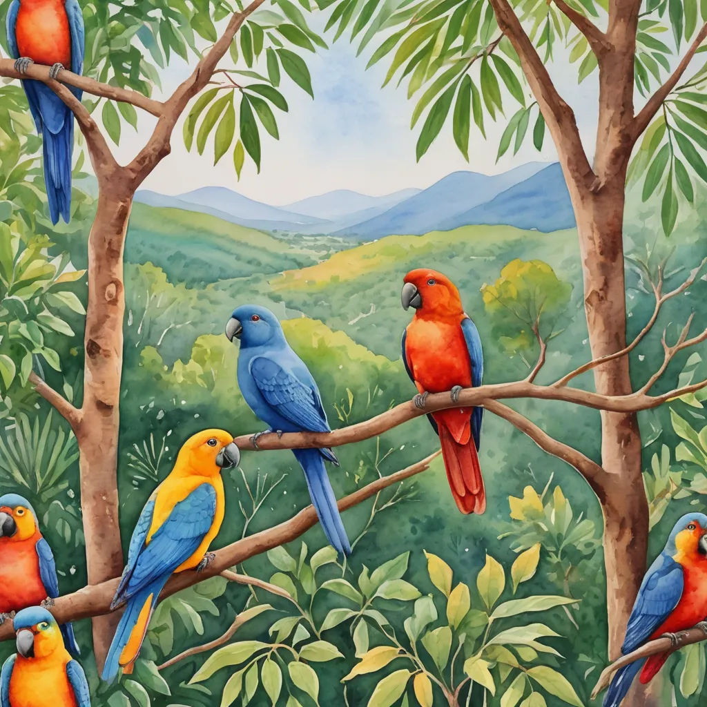 a painting of a group of colorful birds perched on a tree branch in a forest with mountains in the background, cloisonnism, a detailed painting, Chris LaBrooy, in gouache detailed paintings
