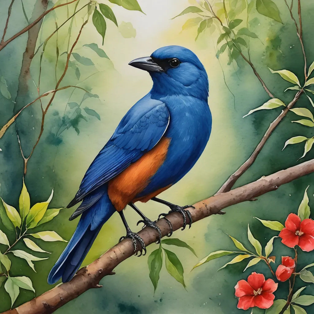 a blue bird sitting on a branch with red flowers in the background and a green background with red flowers, cloisonnism, an ultrafine detailed painting, Carol Sutton, in gouache detailed paintings