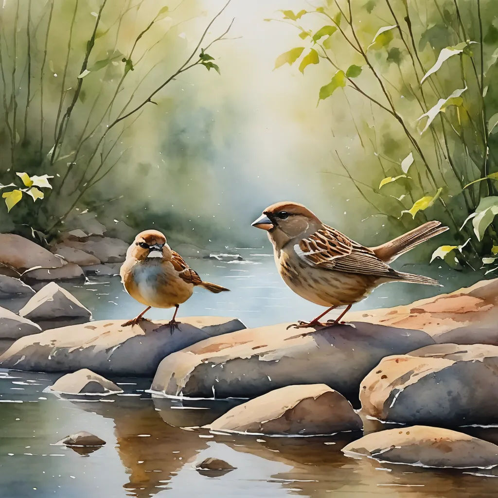 two birds standing on rocks in a stream of water near a forest with green leaves and rocks and a stream of water, american scene painting, a watercolor painting, Carol Sutton, in gouache detailed paintings