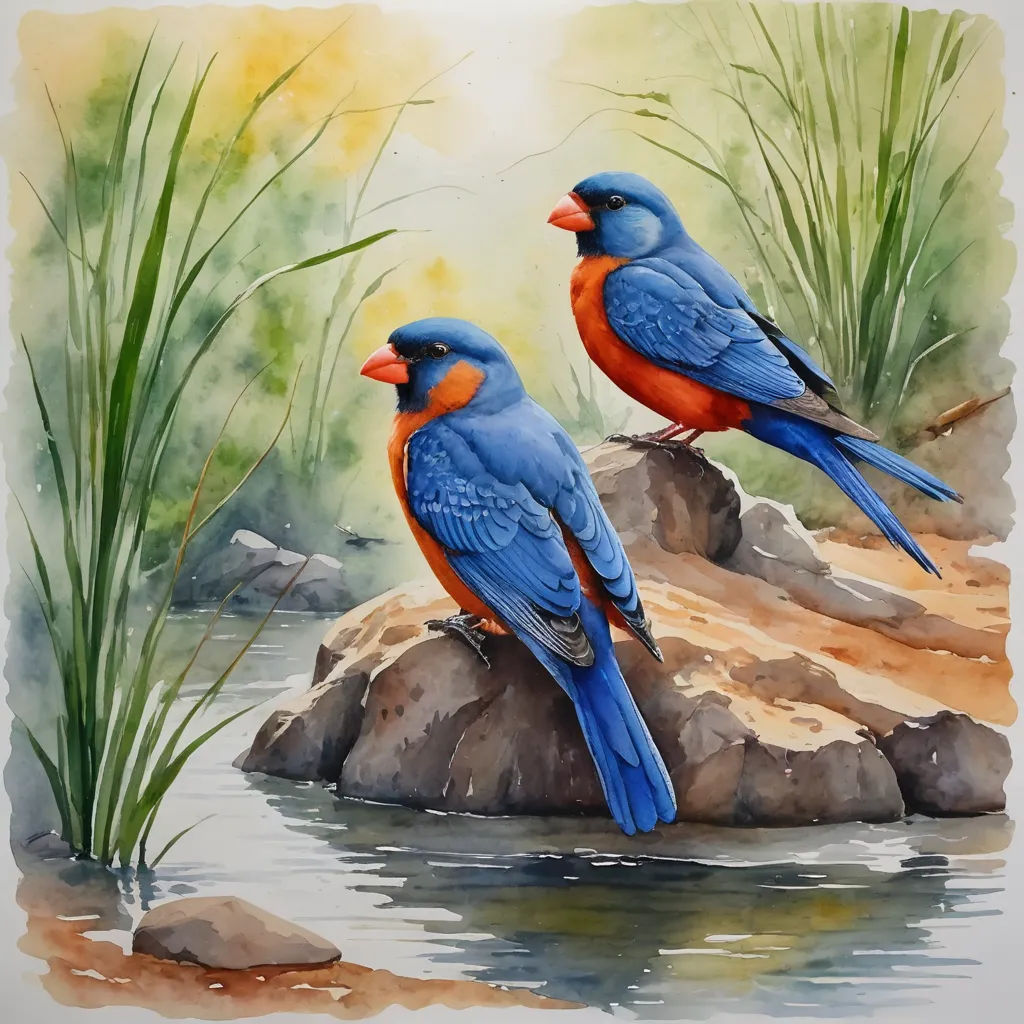 two blue birds are sitting on a rock in the water and grass near the water's edge, with a yellow sky in the background, cloisonnism, a watercolor painting, Art Brenner, in gouache detailed paintings