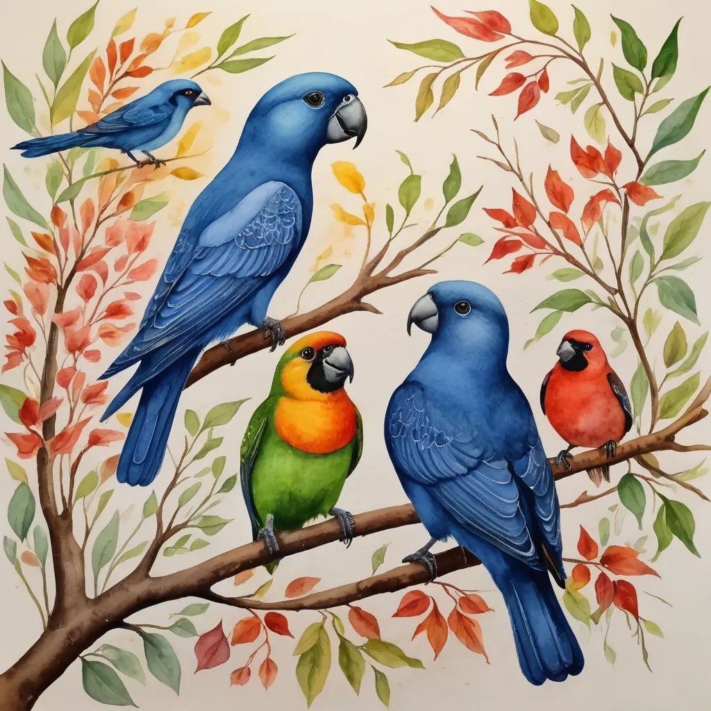 a painting of three birds perched on a branch with leaves and flowers in the background, with a white background, cloisonnism, a watercolor painting, Chris LaBrooy, in gouache detailed paintings