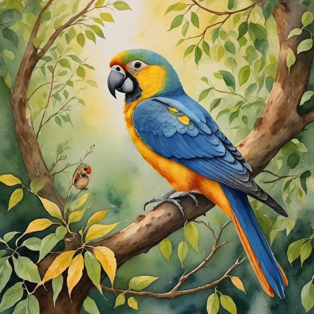 a painting of a parrot perched on a tree branch with a bird in the background and a yellow and blue bird in the foreground, fantasy art, an airbrush painting, Chris LaBrooy, in gouache detailed paintings