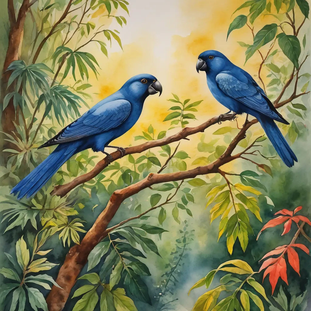 two blue birds perched on a branch in a forest with leaves and flowers in the background, with a yellow sky, figurative art, an airbrush painting, Art Brenner, birds