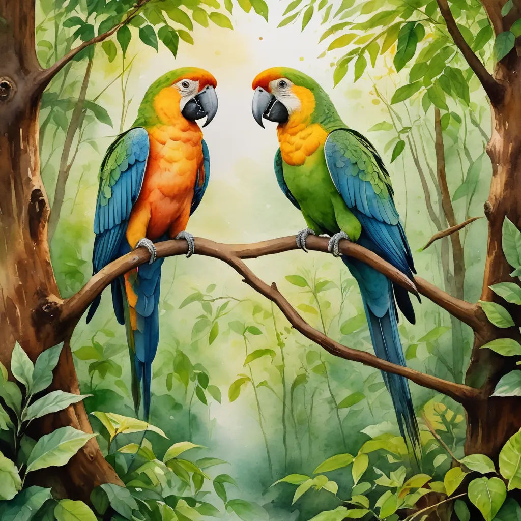 two parrots sitting on a branch in a forest with green leaves and trees around them, with sunlight shining through the leaves, fantasy art, an airbrush painting, Chris LaBrooy, highly detailed digital painting