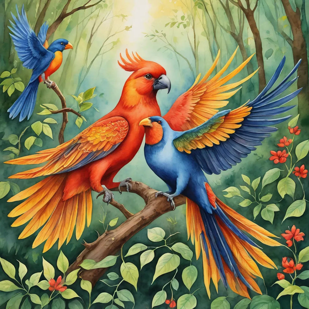 two colorful birds are perched on a branch in the forest with red flowers and green leaves on the ground, fantasy art, an airbrush painting, Chris LaBrooy, in gouache detailed paintings