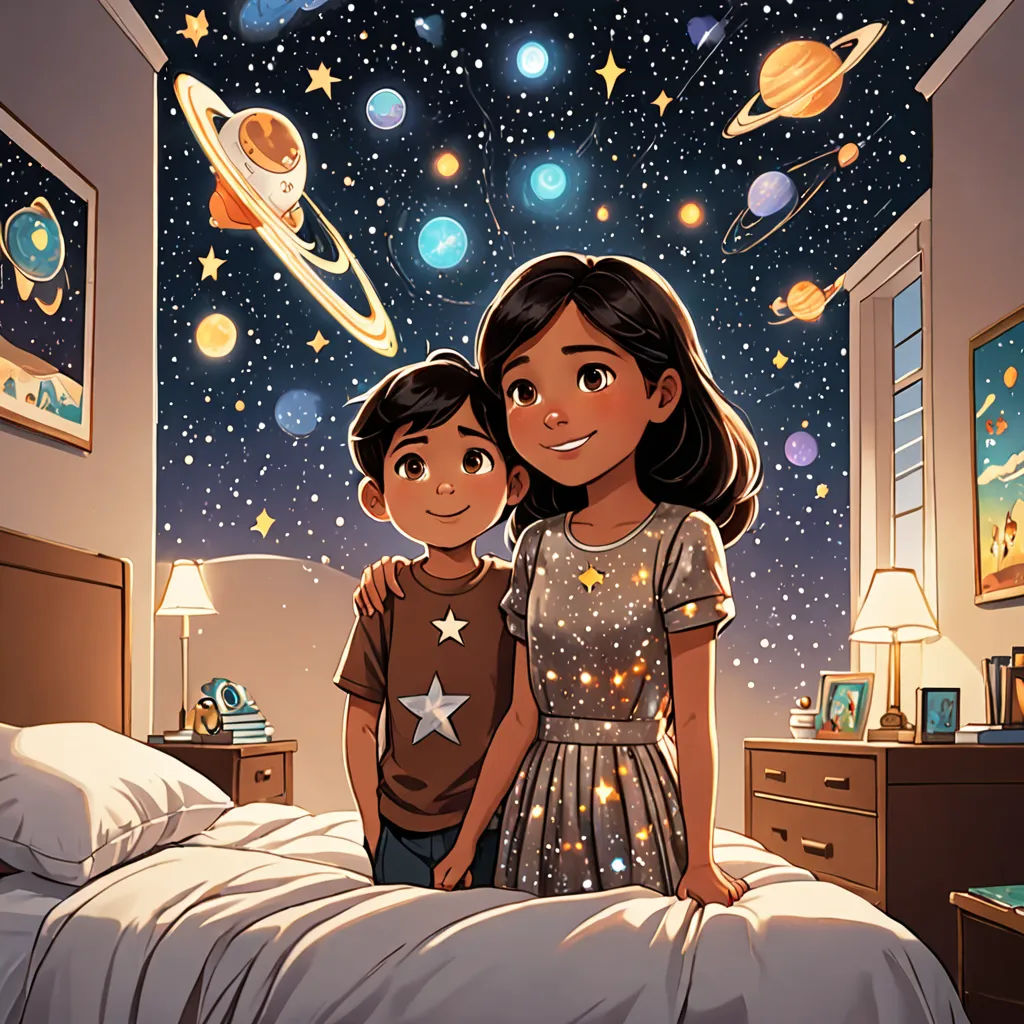a couple of kids standing on top of a bed in a bedroom with a sky full of stars and planets, space art, a storybook illustration, Cliff Childs, space