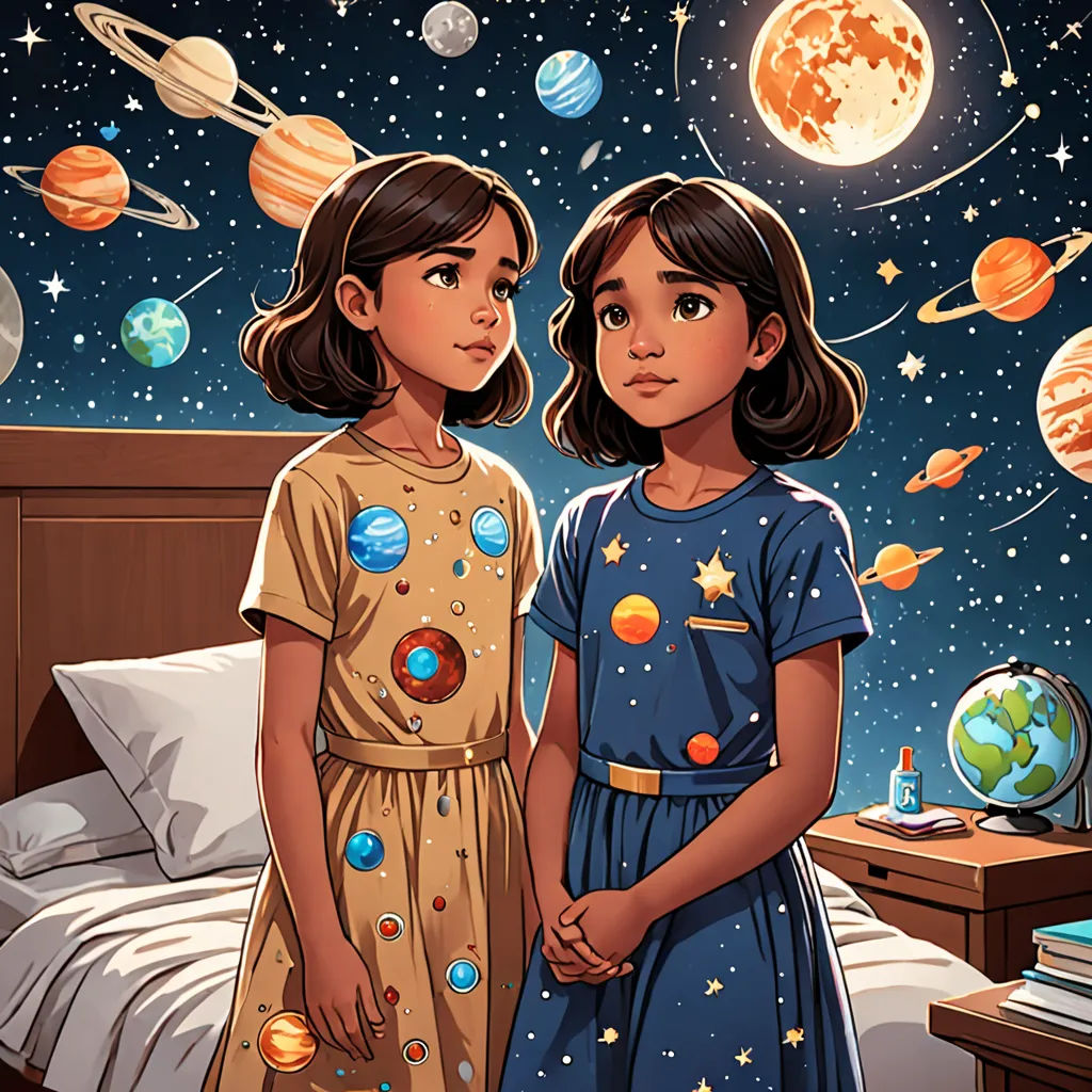 two girls standing in front of a bed with planets on it and a night sky behind them, with a bed and a night stand with a night stand with a lamp and a book, space art, a storybook illustration, Aaron Jasinski, comic cover art