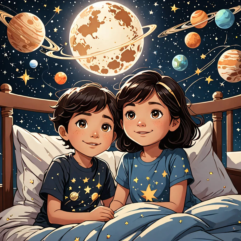 a couple of kids laying in a bed under a blanket with the planets above them and a full moon above them, space art, a storybook illustration, Aaron Jasinski, rossdraws global illumination