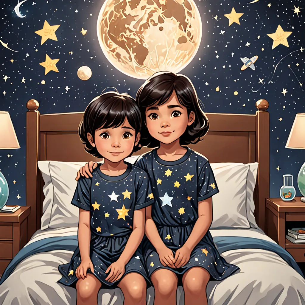 two little girls sitting on a bed under a full moon and stars painting print on a wall above them, space art, a storybook illustration, Aaron Jasinski, comic cover art