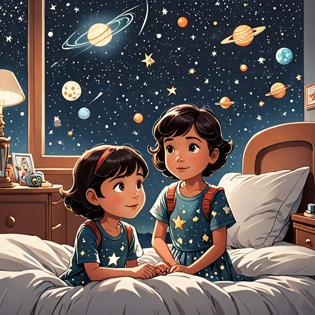 two little girls sitting on a bed looking at the stars and planets in the sky above them are a window, space art, a storybook illustration, Amir Zand, storybook illustration
