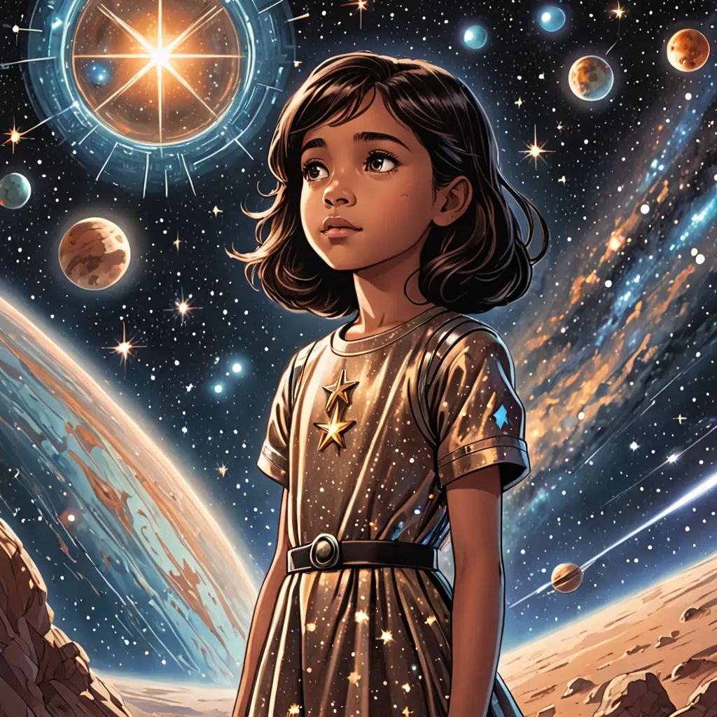 a girl standing in front of a space scene with planets and a sun in the background, with a star in the sky, space art, a comic book panel, Aaron Jasinski, comic cover art
