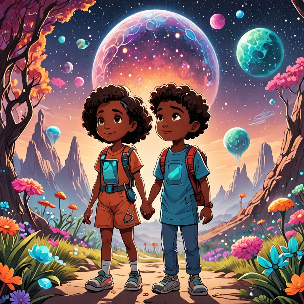 two children standing in front of a planet with flowers and trees on it, holding hands and looking at each other, afrofuturism, an album cover, Chris LaBrooy, comic cover art