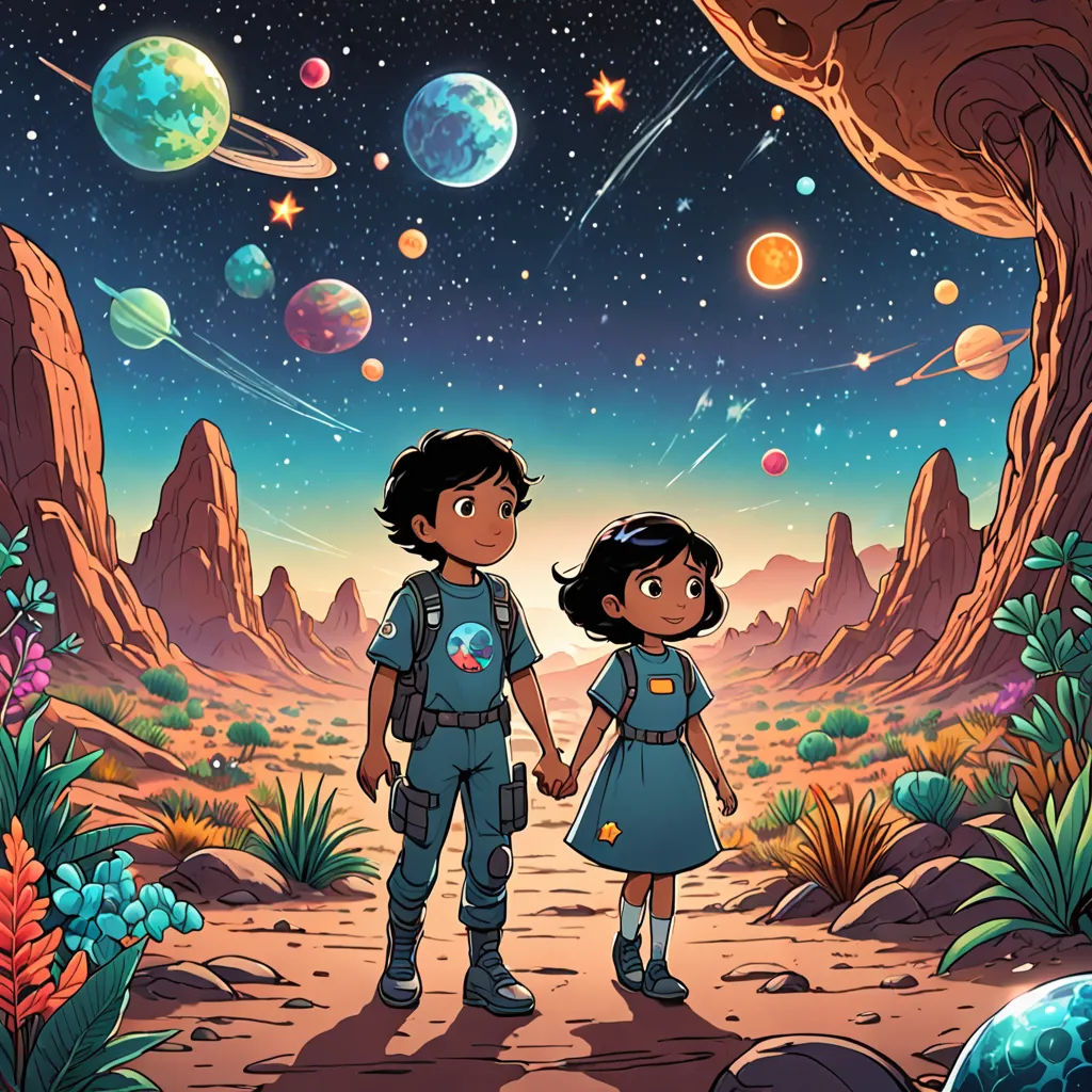 a boy and a girl are standing in the desert looking at the planets and stars above them, with a view of the earth and stars in the sky, space art, poster art, Diego Gisbert Llorens, promotional image