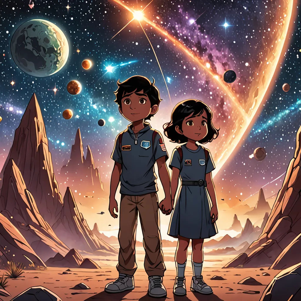 a couple of people standing in front of a space scene with planets and stars in the background and a planet in the background, space art, poster art, Aaron Jasinski, official art