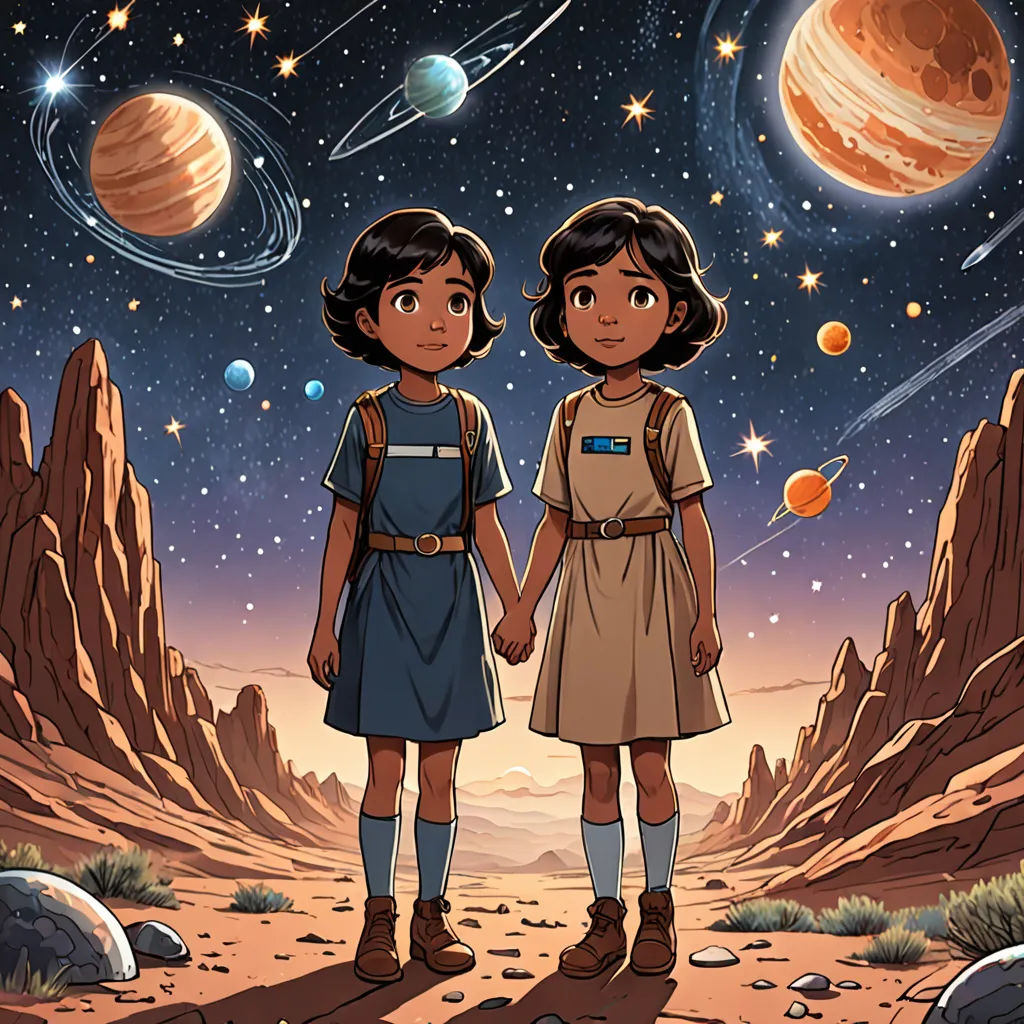 two young girls standing in front of a planet with planets in the background and stars in the sky above, space art, poster art, Aaron Jasinski, comic cover art
