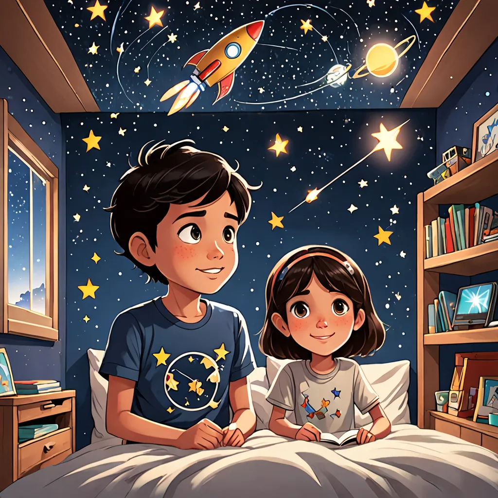 a boy and a girl are sitting in bed under a star filled sky with a rocket ship above them, space art, a storybook illustration, Diego Gisbert Llorens, storybook illustration