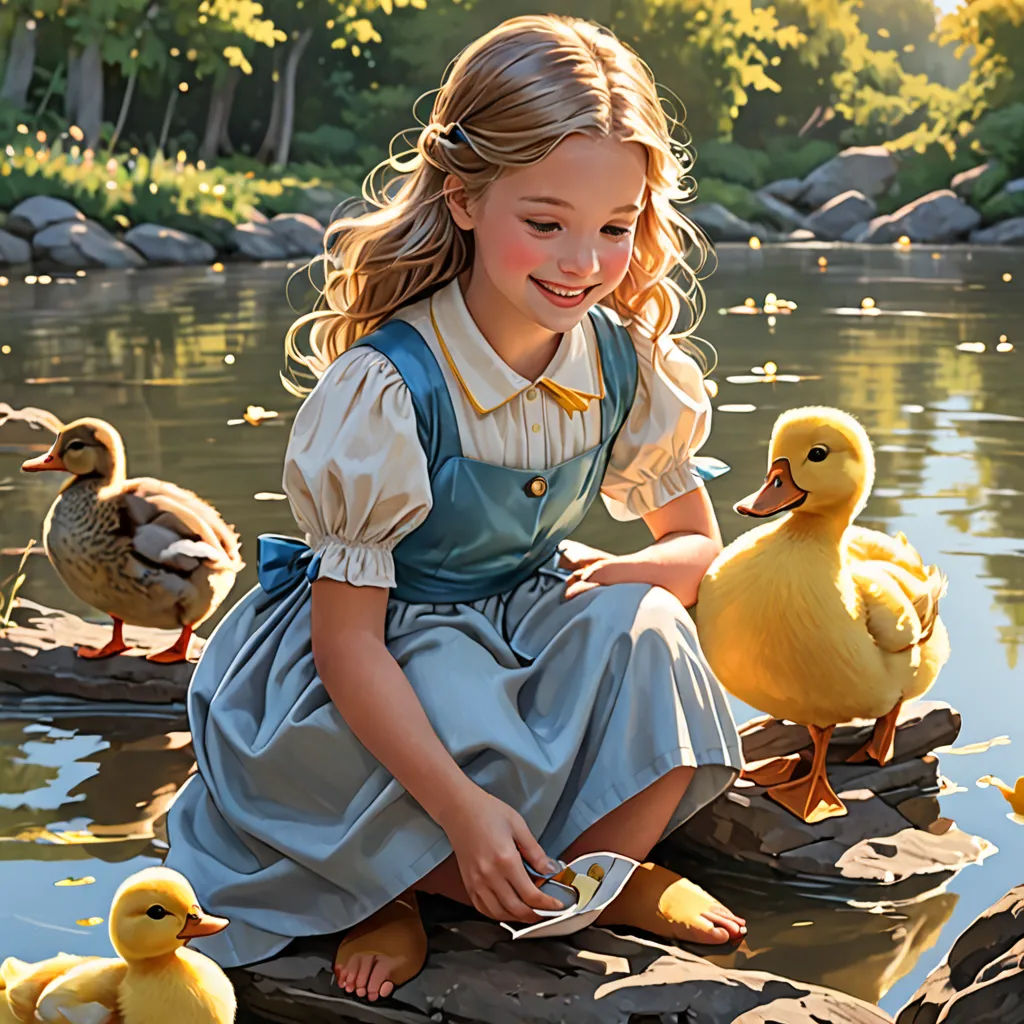 a painting of a girl feeding ducks on a rock in a pond with ducks nearby and a pond with ducks, american scene painting, an oil painting, Bob Byerley, highly detailed digital painting