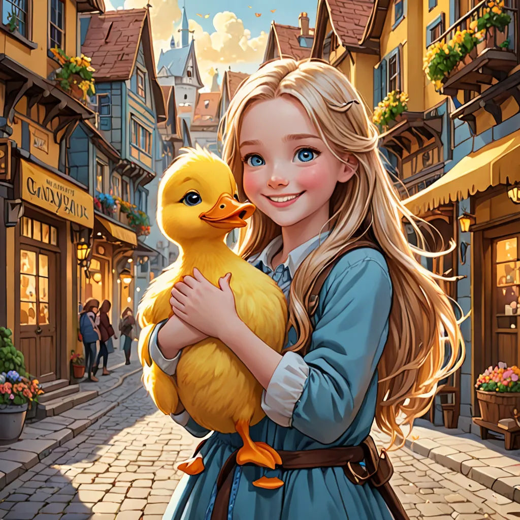 a girl holding a duck in a street with buildings in the background and a street sign in the foreground, fantasy art, a storybook illustration, disney, kinkade