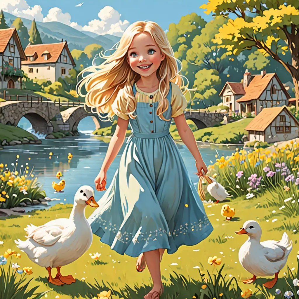 a girl in a blue dress is walking with ducks in a field near a river and houses with flowers, american scene painting, a storybook illustration, Chris LaBrooy, storybook illustration