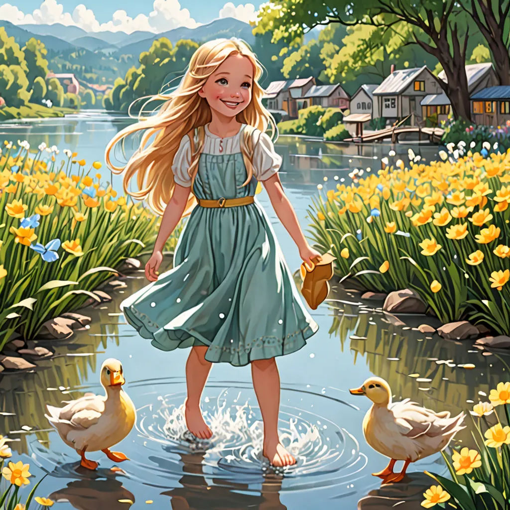 a girl in a dress is standing in a pond with ducks and flowers in the background, and a house in the distance, american scene painting, a storybook illustration, Bob Byerley, storybook illustration