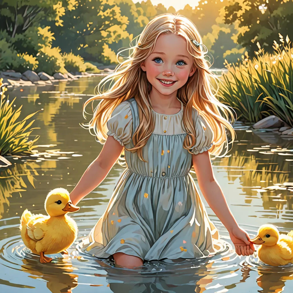 a painting of a girl and two ducks in a pond with grass and bushes in the background, with the sun shining on the water, fantasy art, a detailed painting, Bob Byerley, highly detailed digital painting