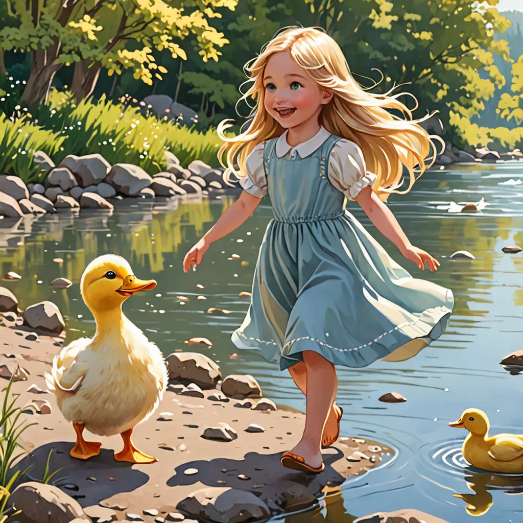 a painting of a girl and ducks by a river with rocks and grass in the background and a stream running through the center, american scene painting, a storybook illustration, Bob Byerley, storybook illustration