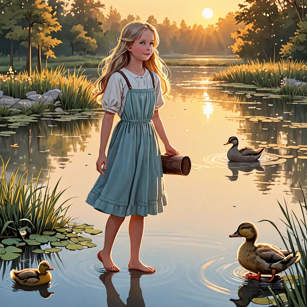 a girl in a dress standing in a pond with ducks and ducks in the background at sunset or dawn, american scene painting, a storybook illustration, Bob Byerley, storybook illustration