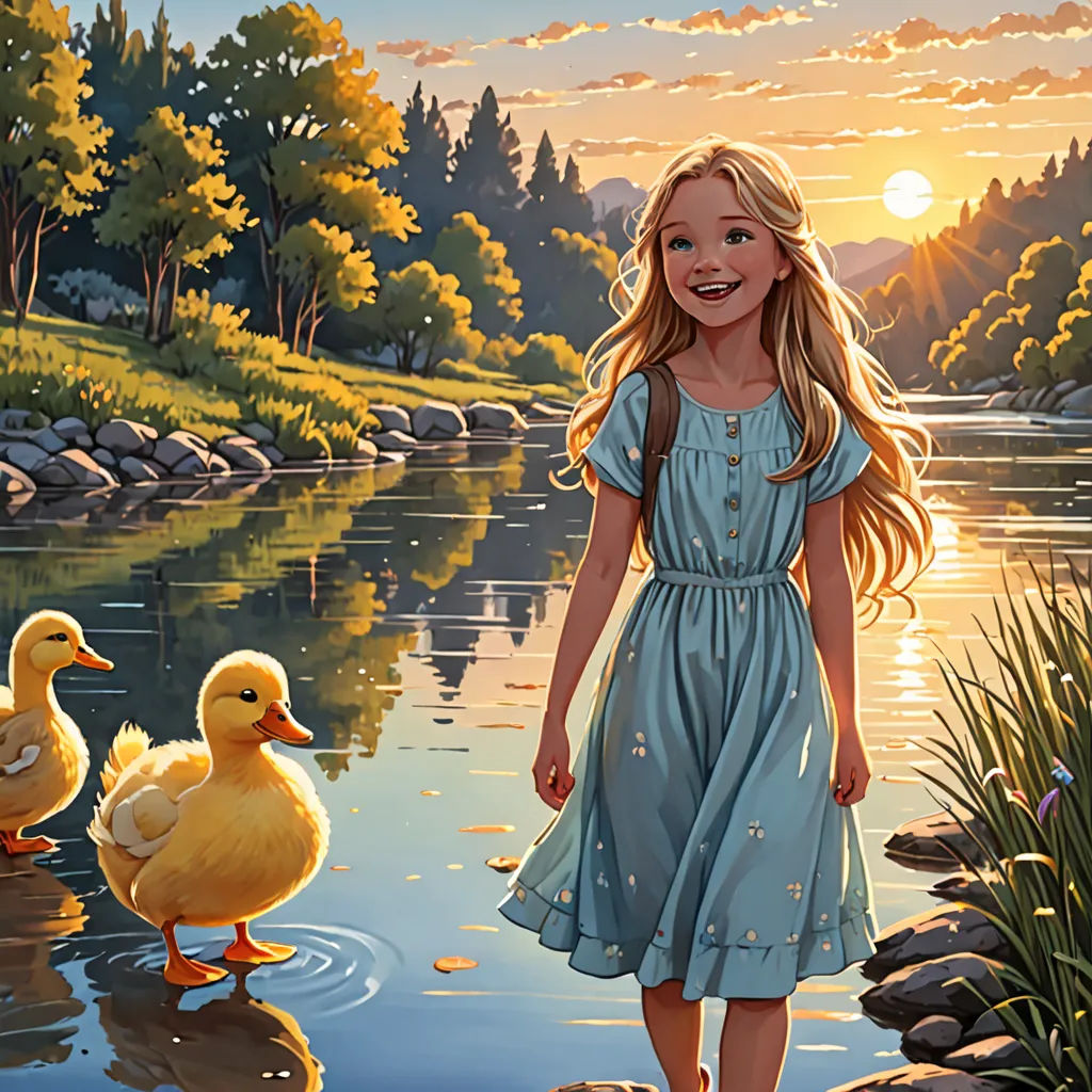 a girl in a blue dress standing next to ducks in a lake at sunset with a sunset in the background, american scene painting, a storybook illustration, Cyril Rolando, highly detailed digital painting