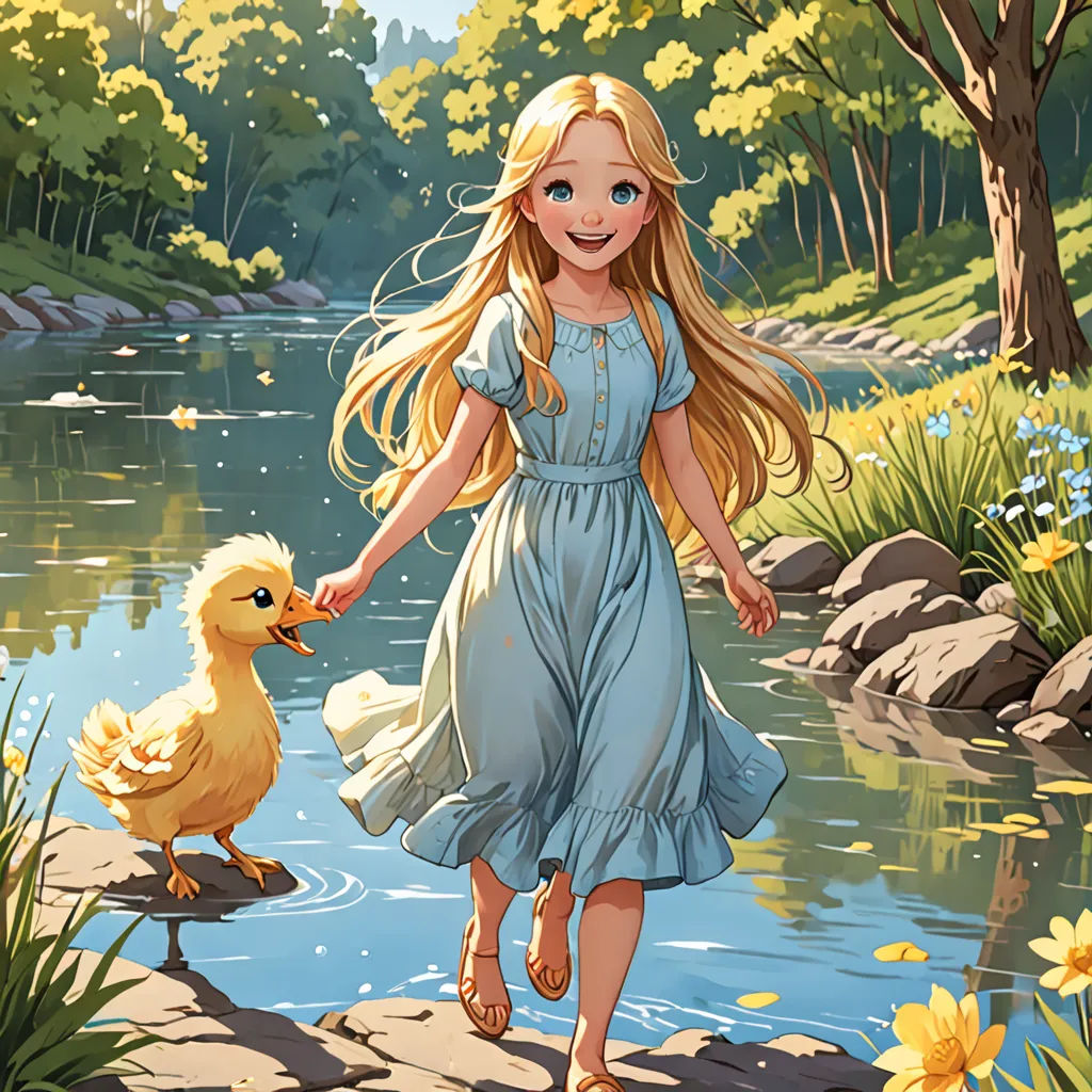 a girl in a blue dress is walking with a duck in a pond of water near a tree and flowers, fantasy art, a storybook illustration, Anne Said, official art