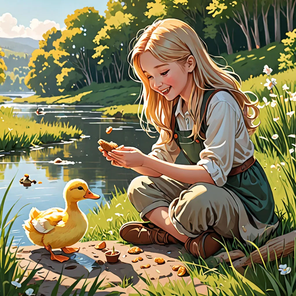 a girl feeding a duck on a river bank with ducks nearby in the grass and trees in the background, american scene painting, a storybook illustration, Evgeny Lushpin, storybook illustration