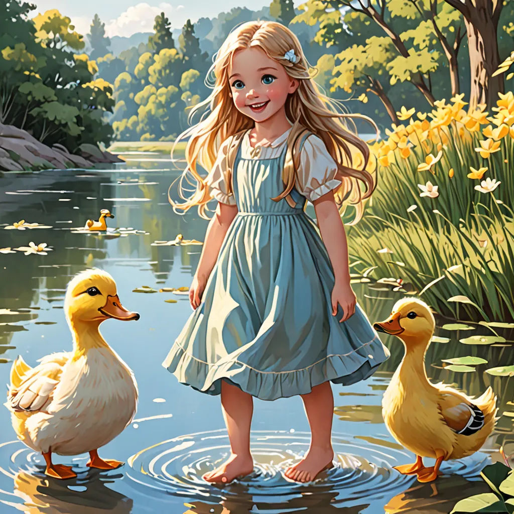 a painting of a girl and ducks in a pond with flowers in the background and a pond with ducks, fantasy art, a storybook illustration, Bob Byerley, storybook illustration