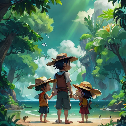 a family of three standing on a beach in the jungle with a boy holding hands with a girl and a boy holding a girl's hand