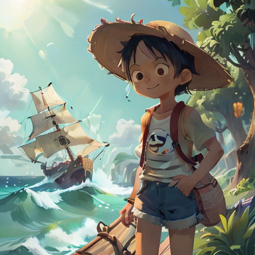 a young boy standing on a wooden bridge next to a boat in the ocean with a pirate ship in the background