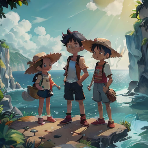 three children standing on a rock in front of a body of water with a mountain in the background and a sunbeam