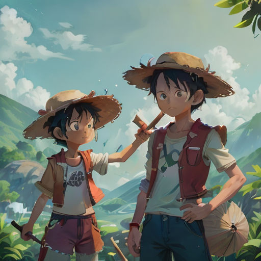 two people standing in front of a mountain with a sky background and trees in the background, one of them holding a stick